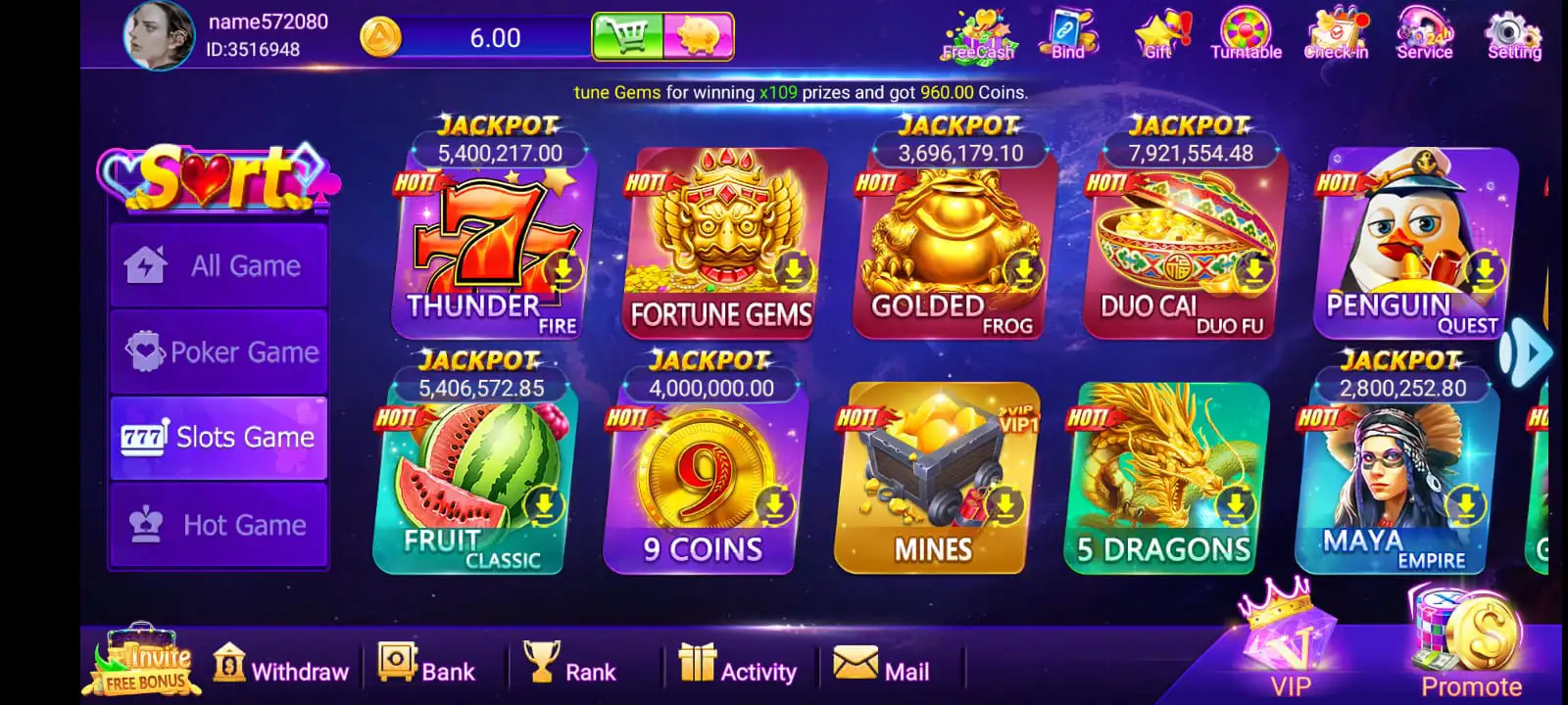 A screenshot of slots game section on Luck 91 Game.